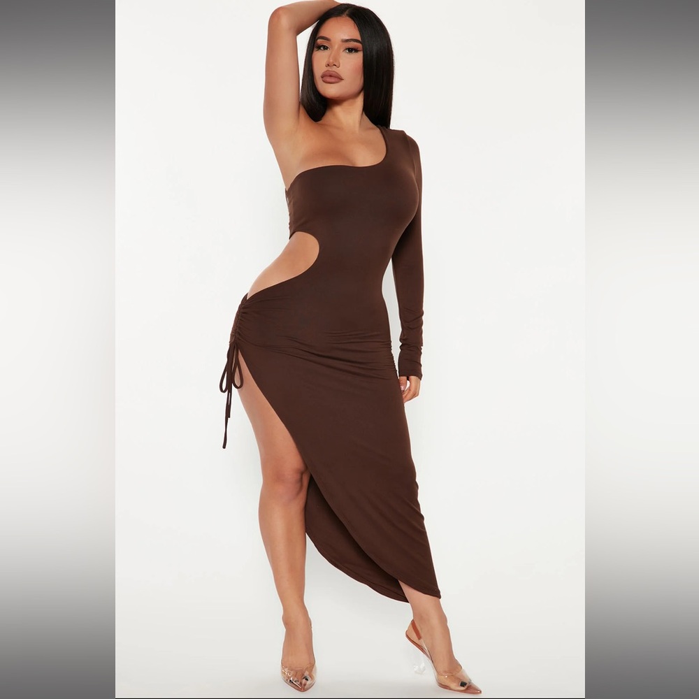 Brown double lined maxi dress with side cut outs